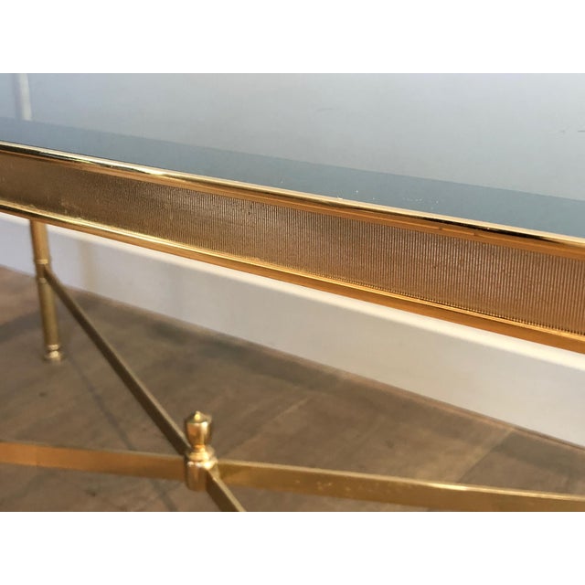 Gold 1940s Neoclassical style gold metal coffee table with blueish glass top For Sale - Image 8 of 12