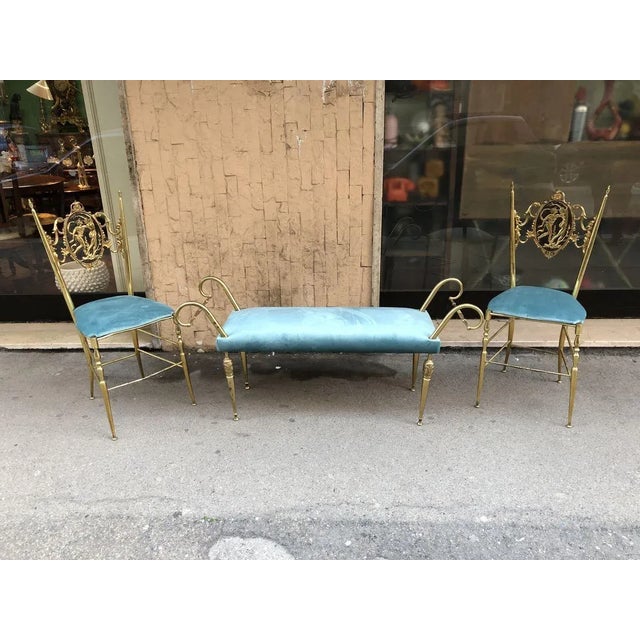 Mid-Century Modern Vintage Brass Chiavari Chairs & Ottoman, 1950s, Set of 3 For Sale - Image 3 of 15