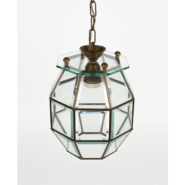 Metal Mid-Century Modern Pendant Light in Brass and Beveled Glass, Italy, 1950s For Sale - Image 7 of 15