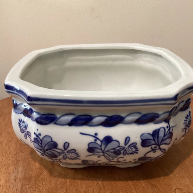 Chinoiserie Vintage Octagon Chinese Hand -Painted Blue & White Porcelain Bonsai Cachepot/ Planter For Sale - Image 3 of 12