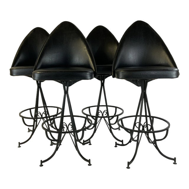 1960s Mid-Century Wrought Iron & Black Leatherette Daystrom Barstools - Set of 4 For Sale