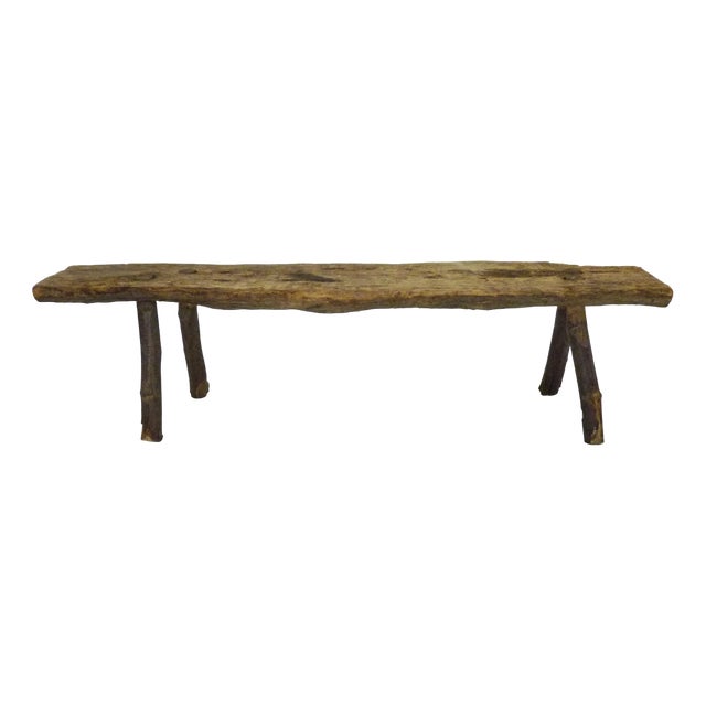 Low Brutalist Folk Art Wood Bench, 1960s For Sale