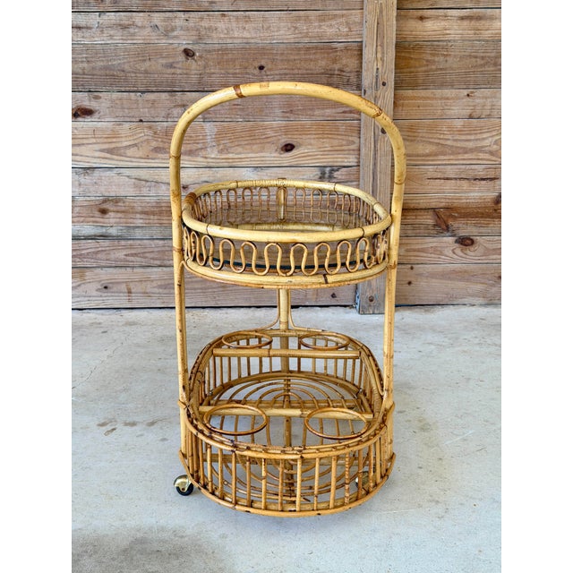 Wood Mid-Century Italian Rattan and Bamboo Bar Cart in the Manner of Franco Albini For Sale - Image 7 of 12