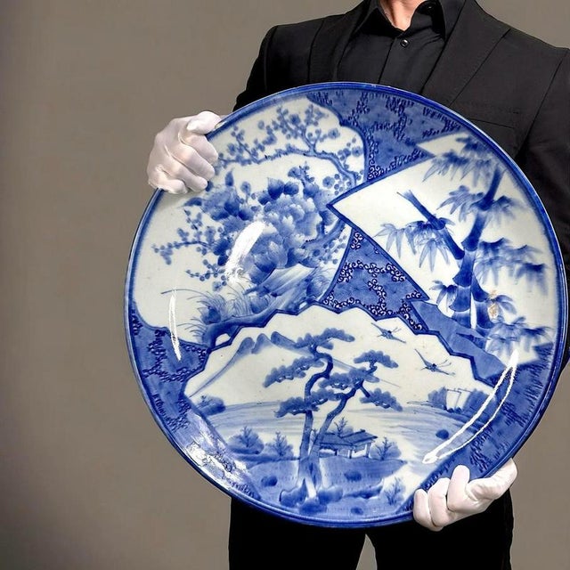 Large Japanese Hand-Painted Blue and White Dish, 19th Century For Sale - Image 11 of 11
