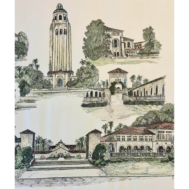 A charming late 20th-century hand-colored architectural print by artist Liz Bryant, depicting a collection of notable...