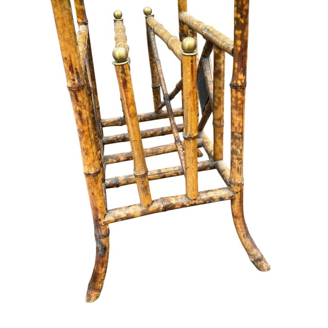 Brown Vintage Scorched Bamboo Glass Top Side Table With Brass Ball and Hand-Painted Details For Sale - Image 8 of 11