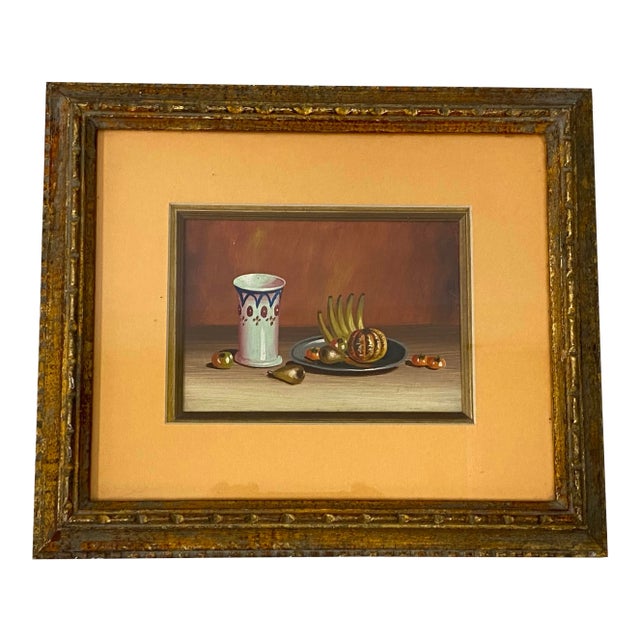 Vintage Still Life Painting With Fruit and Porcelain Cup C.1970 For Sale