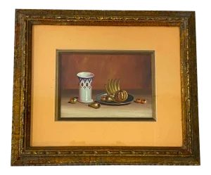 Vintage Still Life Painting With Fruit and Porcelain Cup C.1970