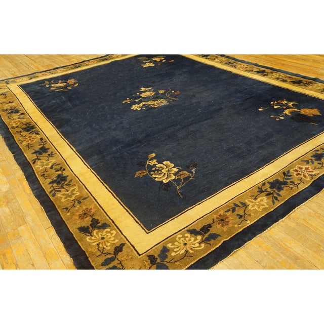 1920s Antique Chinese Peking Wool Rug Blue Rectangle Floral Design 9' X 11' 5" For Sale - Image 4 of 5