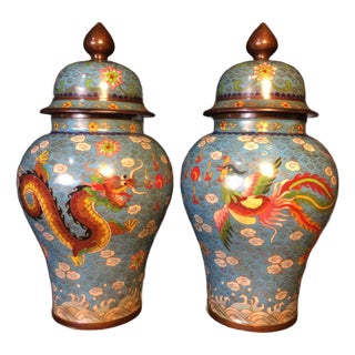 Pair of Monumental Chinese Cloisonné "Dragon & Phoenix" Covered Ginger Jars - 14.3 LBS For Sale