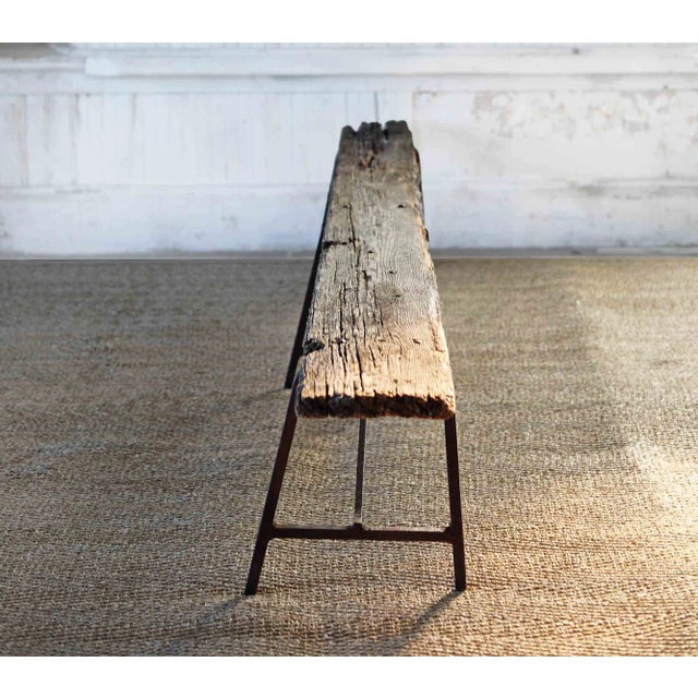 Folk Art Bench • Rustic Wood and Iron For Sale - Image 4 of 12