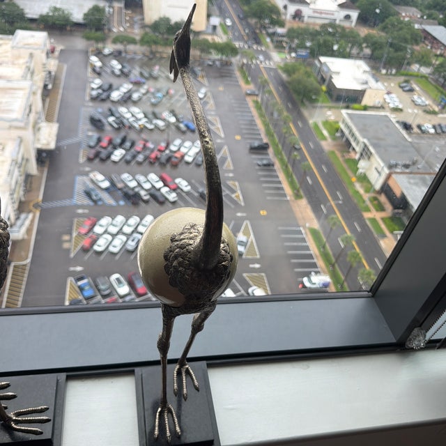 1970s Vintage Maitland-Smith Ostrich Egg and Brass Crane/Heron Sculptures - Pair For Sale - Image 5 of 5
