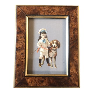 Original Vintage Small “Girl With Dog” Chromosome Litho Victorian Cutout Framed For Sale