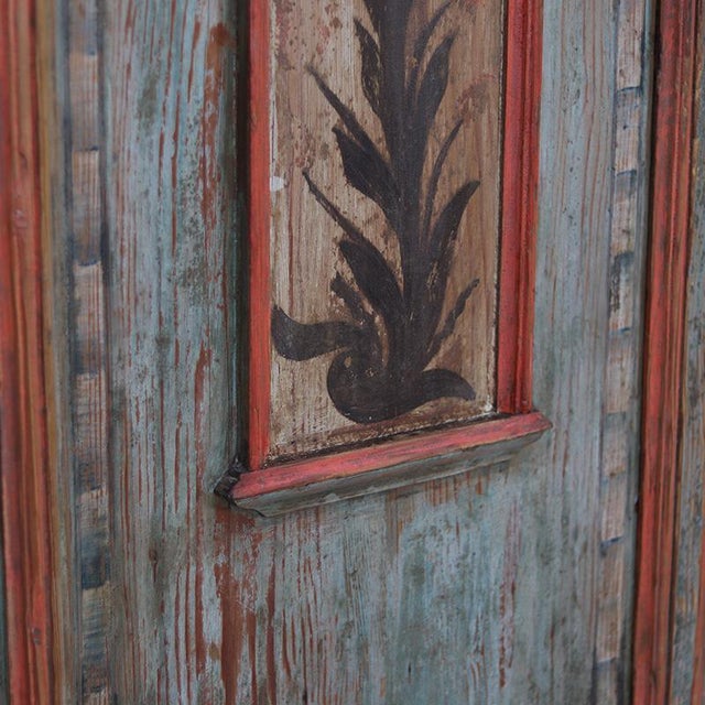 Wood Large Rustic Farmhouse Folk Art Painted Bridal Cabinet dated 1806 For Sale - Image 7 of 18