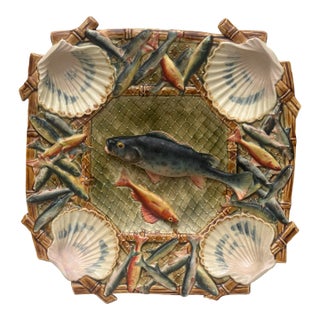 19th Century Square Majolica Palissy Wall Fish Platter Longchamp. For Sale