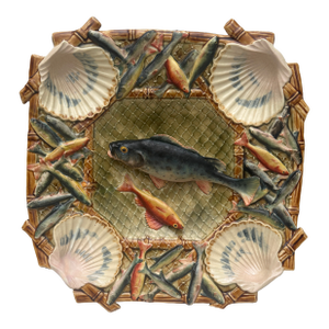 19th Century Square Majolica Palissy Wall Fish Platter Longchamp.