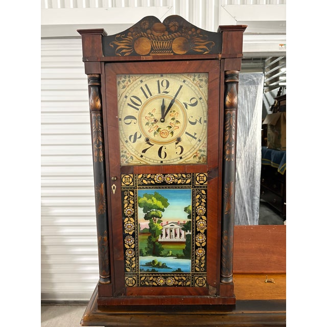 Edward M. Barnes, Bristol, Ct Pillar and Splat Shelf Clock With Reverse Painted Mansion Painting on Bottom Glass, 19th Century For Sale - Image 4 of 9
