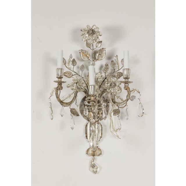 Maison Baguès 1940s Maison Baguès Crystal Three-Arm Sconces with Floral Motifs, US Wired For Sale - Image 4 of 12