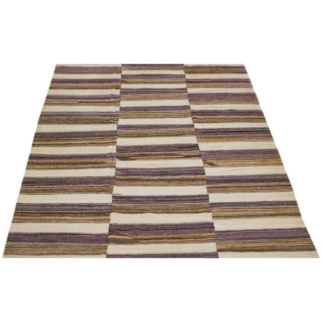 Contemporary 2020s Room Size Striped Flatweave Kilim Wool Rug in Beige For Sale - Image 3 of 7