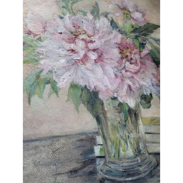 A captivating mid-century french post-impressionist still life oil paining on canvas, depicting a lush, textured bouquet...