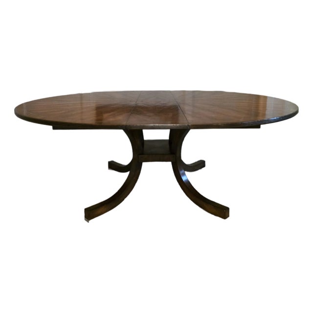 Expanding Walnut Dining Table W/ Brass Inlay For Sale