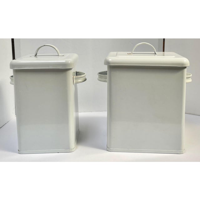 American Vintage Blue and White Enamel Lidded Tin Sugar and Flour Canisters - Set of 2 - For Sale - Image 3 of 7