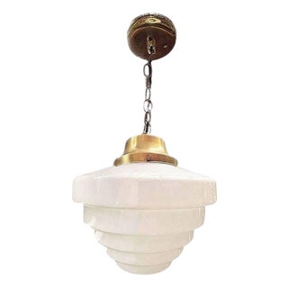 1930s Art Deco Hanging Chain Brass Ceiling Pendant Light with Stepped Milk Glass Globe For Sale