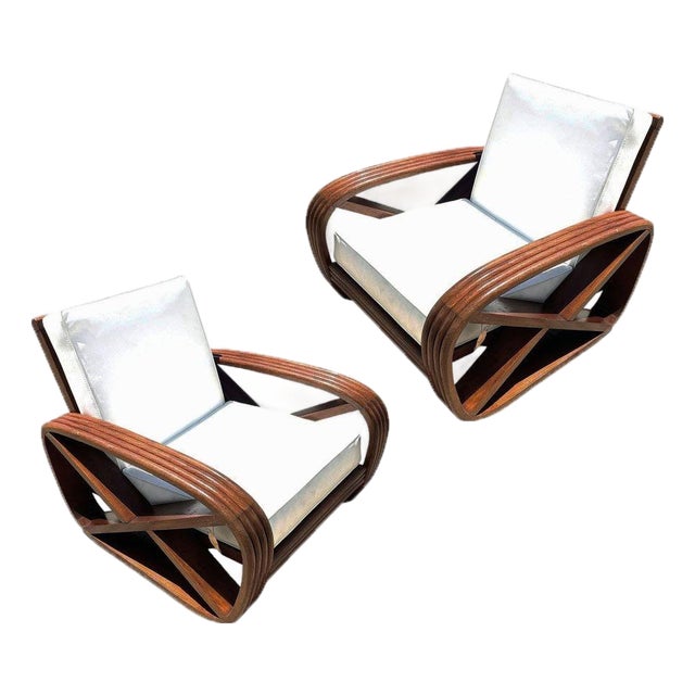 Rare 4-Strand Like Carved Mahogany Square Pretzel Faux Rattan Lounge Chair, Pair For Sale