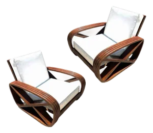 Rare 4-Strand Like Carved Mahogany Square Pretzel Faux Rattan Lounge Chair, Pair