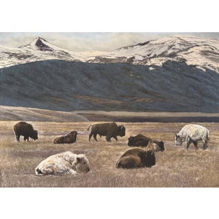 On an Overcast Day There Was Light Where the Sacred Laid by Sharon Pomales Tousey |Soft pastel on board depicting bison in a landscape with mountains. For Sale