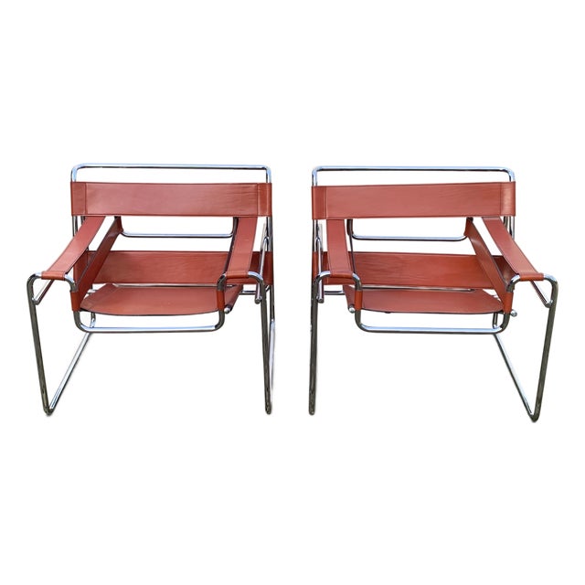 Wassily B3 Armchairs in Chrome and Tan Leather by Marcel Breuer, Set of 2 For Sale