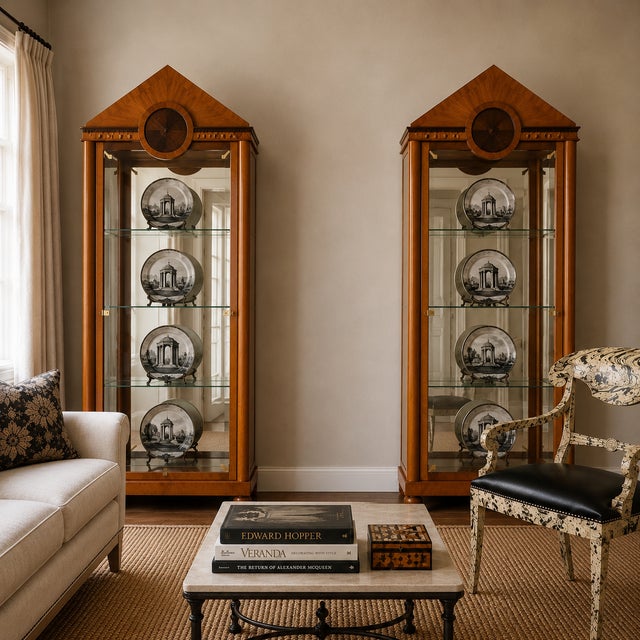 1980s Hickory White Neo-Classical Biedermeier Style Walnut Vitrines Cabinets - Pair For Sale - Image 5 of 8