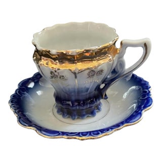 Vintage/Antique German Cobalt Flow Blue/Gold Demitasse Mini Teacup & Saucer For Sale