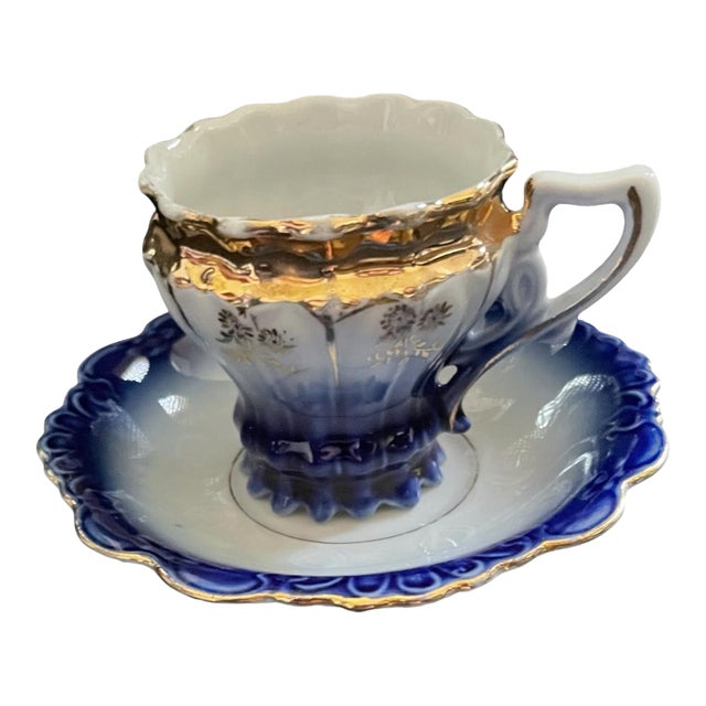 Vintage/Antique German Cobalt Flow Blue/Gold Demitasse Mini Teacup & Saucer For Sale