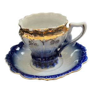 Vintage/Antique German Cobalt Flow Blue/Gold Demitasse Mini Teacup & Saucer