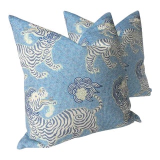 Tibetan Dragon Chinoiserie Blue & White 20" Pillows - A Pair For Sale