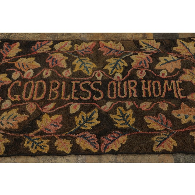 1920s Antique Hooked Runner With “God Bless Our Home” Quote in Beige & Brown - Rug & Kilim For Sale - Image 5 of 8