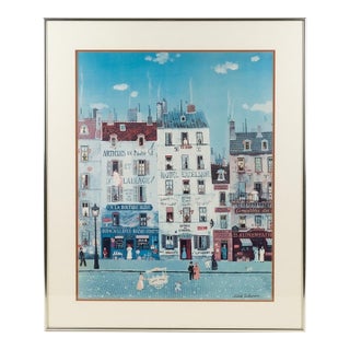 Vintage European Street Scene Framed Watercolor Print Art For Sale
