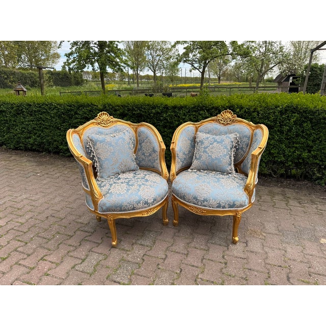 1940 French Louis XVI Gold Beech Damask Sofa Set - 5 PCS For Sale - Image 11 of 18