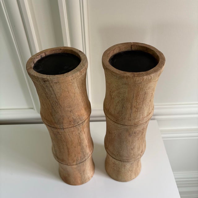 Natural Hand Carved Solid Mango Wood Large Bamboo Style Candle Holders Pillars (Set of 2) For Sale In Chicago - Image 6 of 6