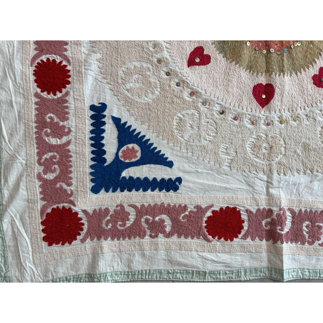Mid-Century Modern Asian Suzani Embroidered Wall Hanging 3'10'' X 4' For Sale - Image 3 of 6