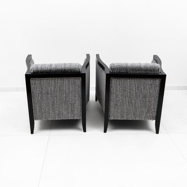 Italian Art Deco Style Chairs in Black Lacquered Wood and Ribbed Velvet, 1970, Set of 2 For Sale - Image 4 of 9