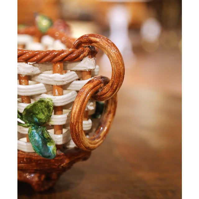 Ceramic 19th Century French Barbotine Porcelain Basket Jardinière With Flowers For Sale - Image 7 of 9