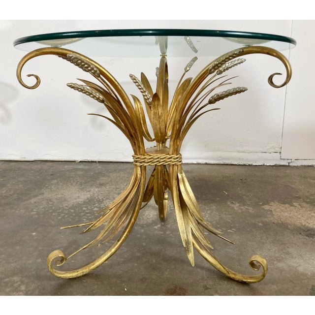 Mid 20th Century Vintage Gilt Sheaf of Wheat Side Tables With Round Glass Tops, a Pair For Sale - Image 5 of 9