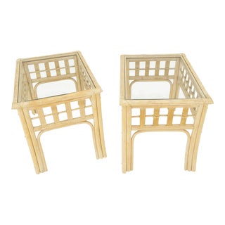 White Wash Pickle Finish Rattan Rectangle Glass Top End Side Tables MINT - A Pair For Sale