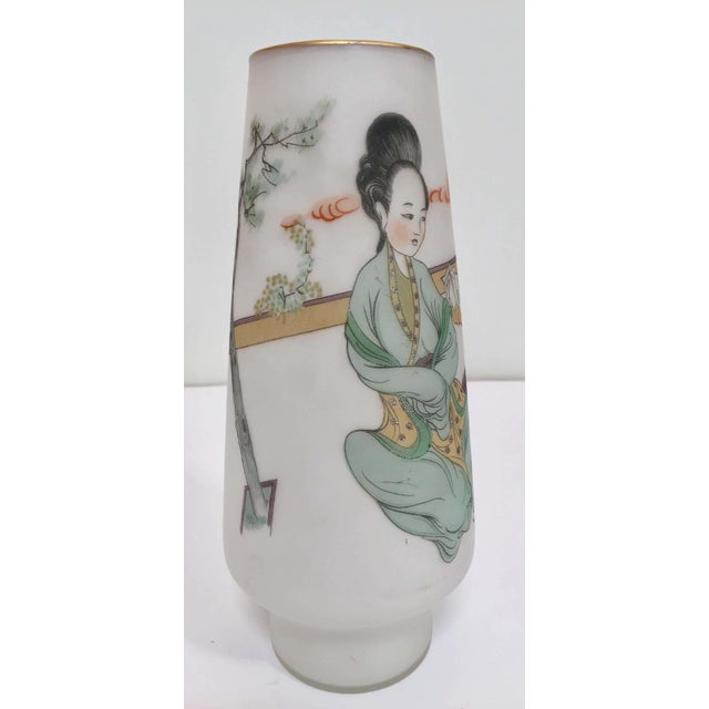 Japanese Opaline White Glass Vase Hand Painted with Geishas 1950s For Sale - Image 10 of 12