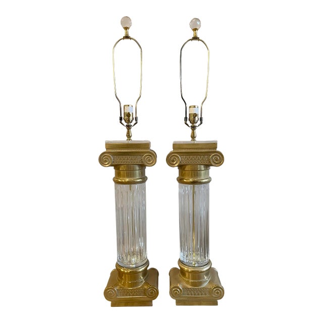 Vintage Oversized Brass and Crystal Lamps- a Pair For Sale