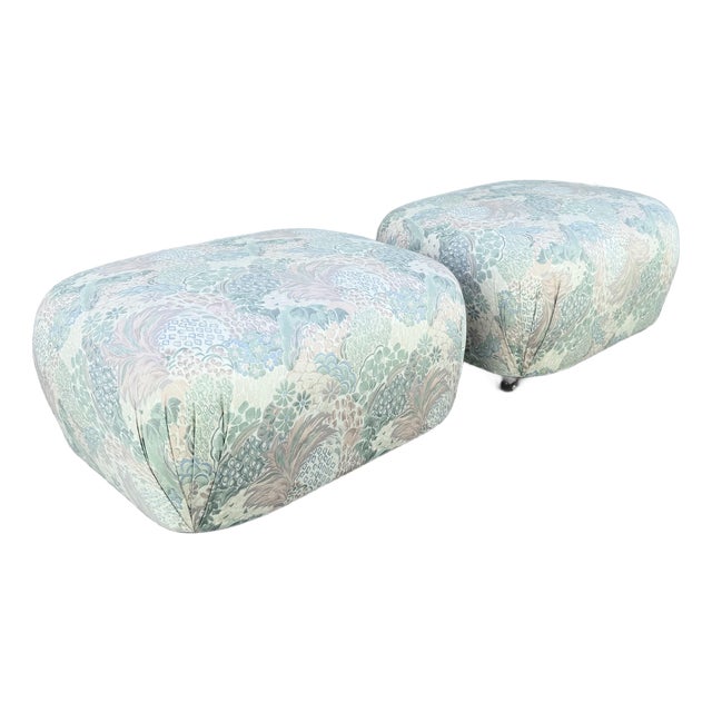 Postmodern Multicolored Floral Fabric Pouf Ottomans - A Pair For Sale