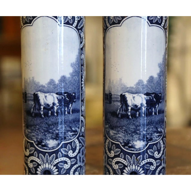 Pair of 19th Century Dutch Delft Blue and White Faience Cattle Scene Vases For Sale - Image 4 of 13
