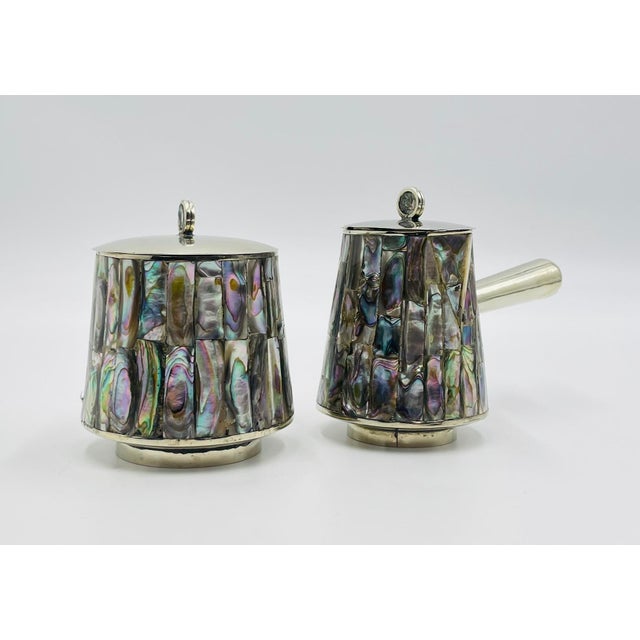 Los Castillo 1960s Mexican Alpaca & Abalone Sugar and Creamer Set, Mexican Modernism, by LHG For Sale - Image 4 of 18